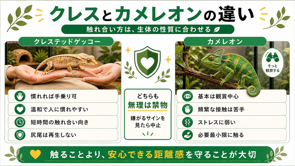 カメレオン（ぺぺ君）との違いの要点をまとめたカメレオン・爬虫類飼育インフォグラフィック