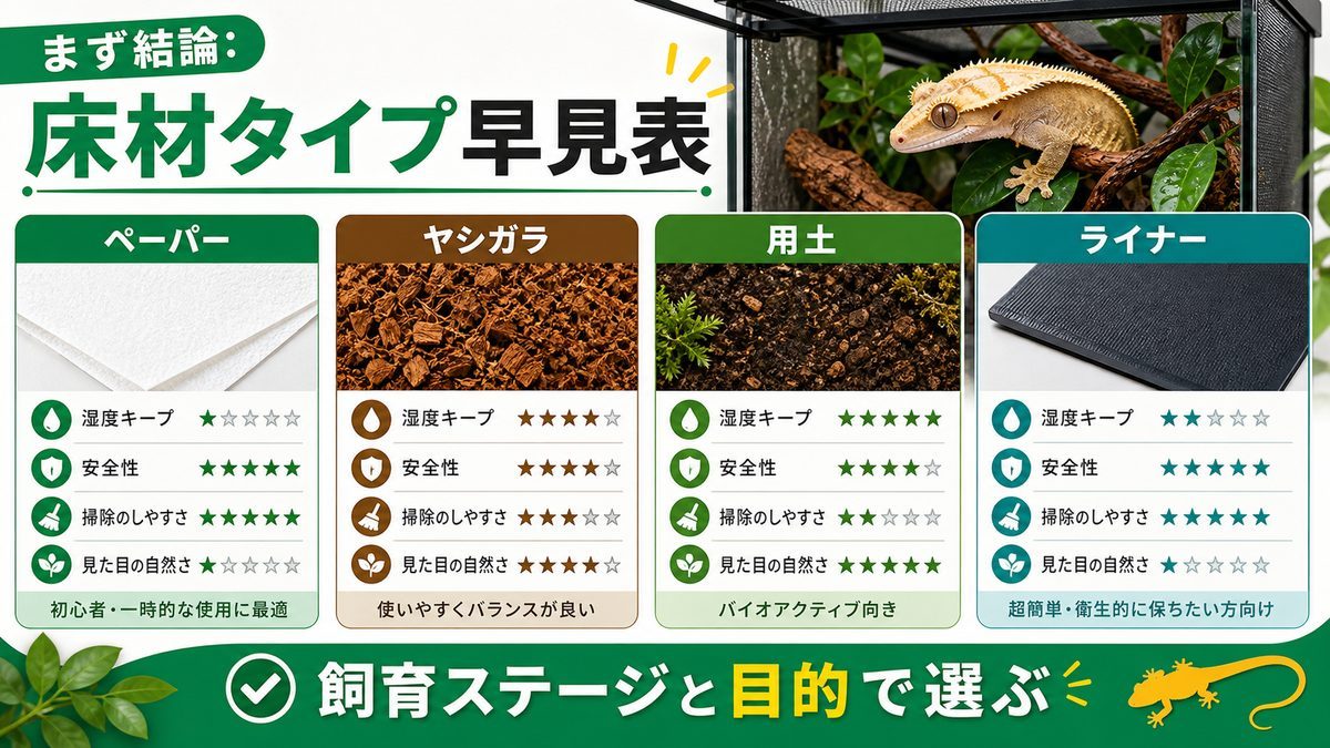 まず結論:クレスの床材タイプ別 早見表の要点をまとめたカメレオン・爬虫類飼育インフォグラフィック