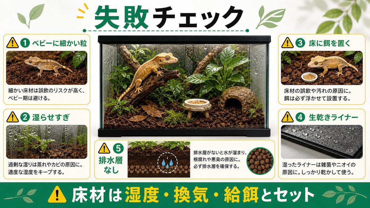 こんな床材選びは失敗しがち ― チェックリストの要点をまとめたカメレオン・爬虫類飼育インフォグラフィック
