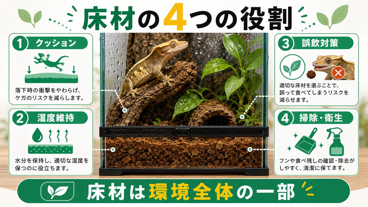 そもそもクレスに床材は効くの?4つの役割を理解するの要点をまとめたカメレオン・爬虫類飼育インフォグラフィック