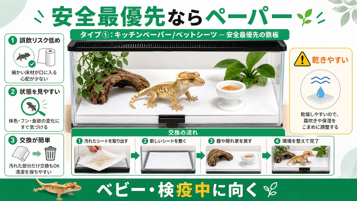 タイプ①:キッチンペーパー/ペットシーツ ― 安全最優先の鉄板の要点をまとめたカメレオン・爬虫類飼育インフォグラフィック