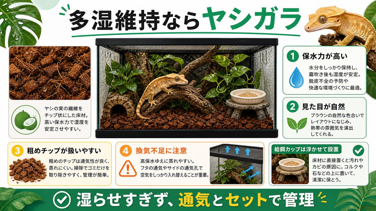 タイプ②:ヤシガラ・ココ系 ― 多湿維持の主力の要点をまとめたカメレオン・爬虫類飼育インフォグラフィック