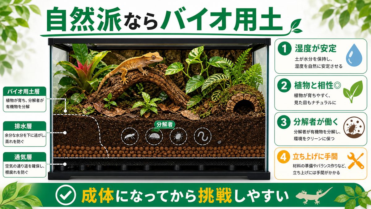タイプ③:バイオアクティブ用土 ― 完成度を求める人の到達点の要点をまとめたカメレオン・爬虫類飼育インフォグラフィック
