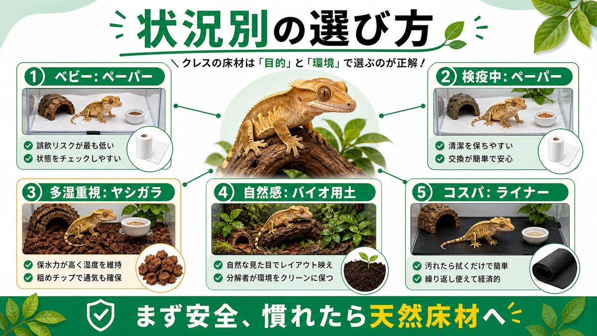 状況別:結局どれを選べばいい?の要点をまとめたカメレオン・爬虫類飼育インフォグラフィック