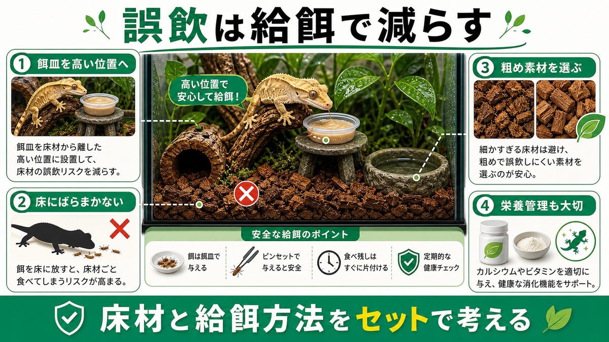 誤飲(腸閉塞)を防ぐ ― 床材と給餌はセットで考えるの要点をまとめたカメレオン・爬虫類飼育インフォグラフィック