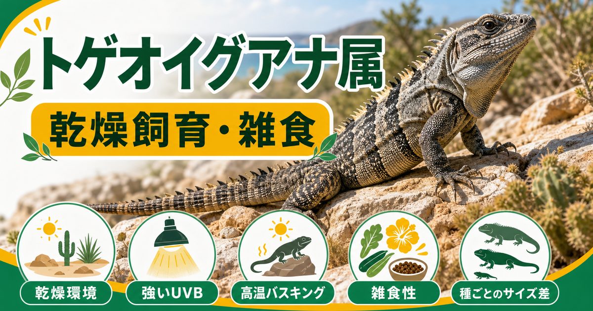 トゲオイグアナ属の乾燥飼育と雑食性を伝えるアイキャッチ画像