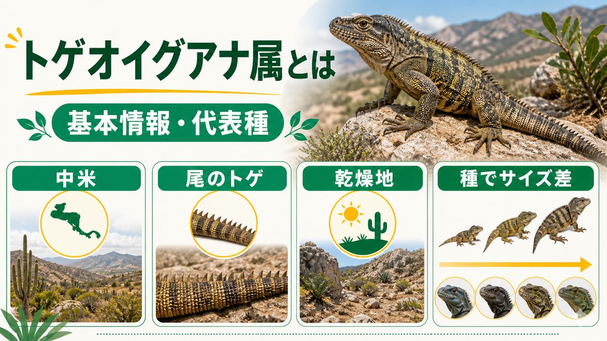 トゲオイグアナ属とは（基本情報・代表種）の要点をまとめたカメレオン・爬虫類飼育インフォグラフィック