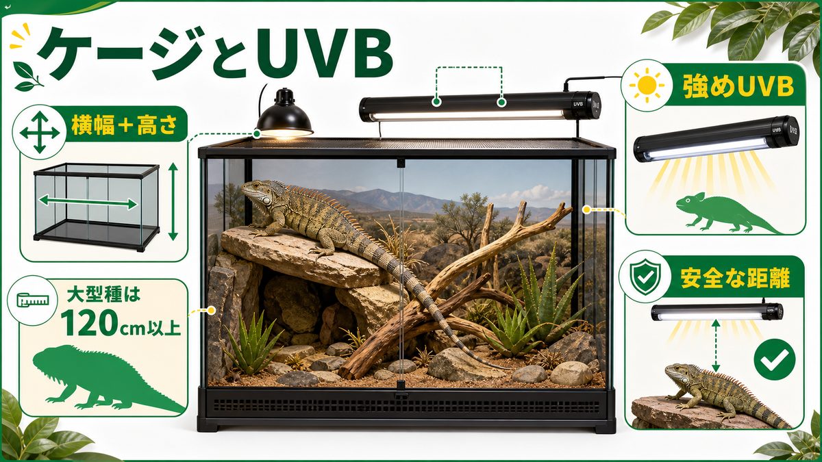 ケージとUVBのセットアップの要点をまとめたカメレオン・爬虫類飼育インフォグラフィック