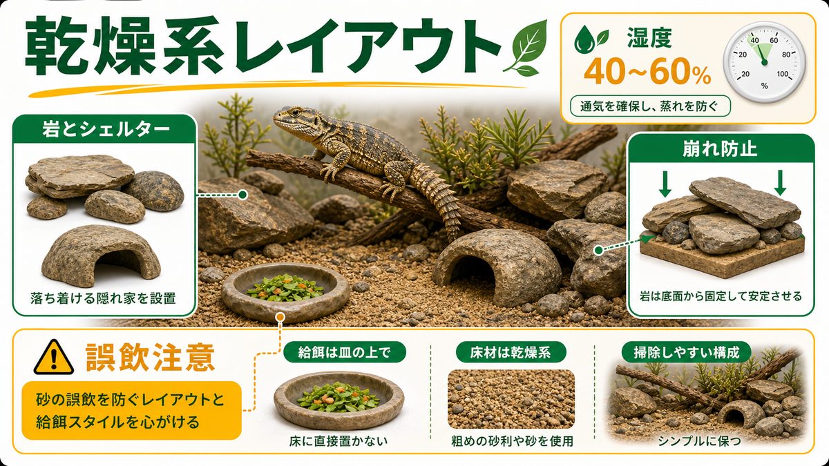 床材・レイアウト（乾燥系）の要点をまとめたカメレオン・爬虫類飼育インフォグラフィック