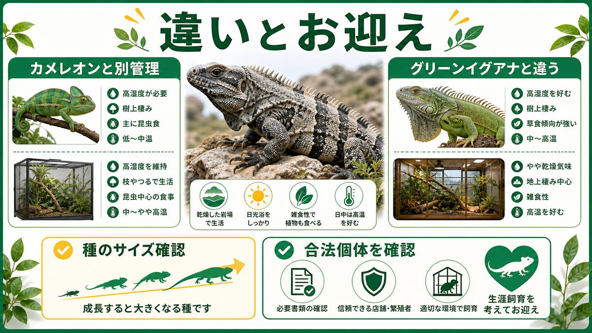 カメレオン・グリーンイグアナとの違い・お迎えの要点をまとめたカメレオン・爬虫類飼育インフォグラフィック