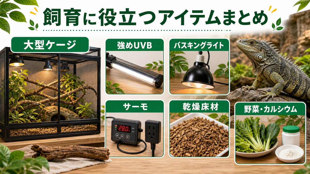 飼育に役立つアイテムまとめの要点をまとめたカメレオン・爬虫類飼育インフォグラフィック