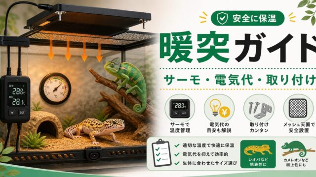 暖突にサーモスタットは必要？電気代・取り付け・サイズの選び方を解説の要点を伝えるカメレオン・爬虫類記事アイキャッチ画像