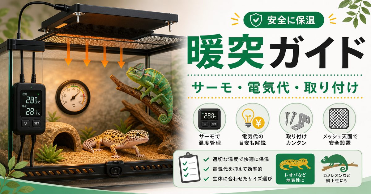 暖突にサーモスタットは必要？電気代・取り付け・サイズの選び方を解説の要点を伝えるカメレオン・爬虫類記事アイキャッチ画像