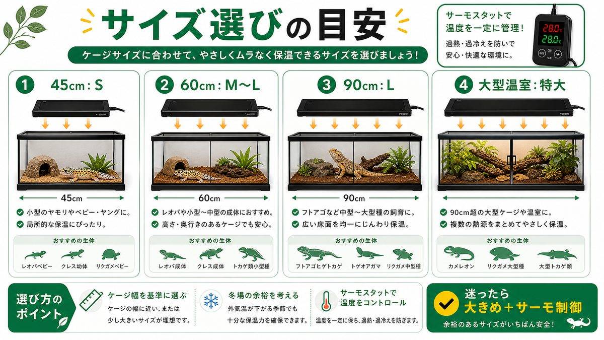 暖突のサイズの選び方｜S・M・ロング・L・特大を比較📏の要点をまとめたカメレオン・爬虫類飼育インフォグラフィック