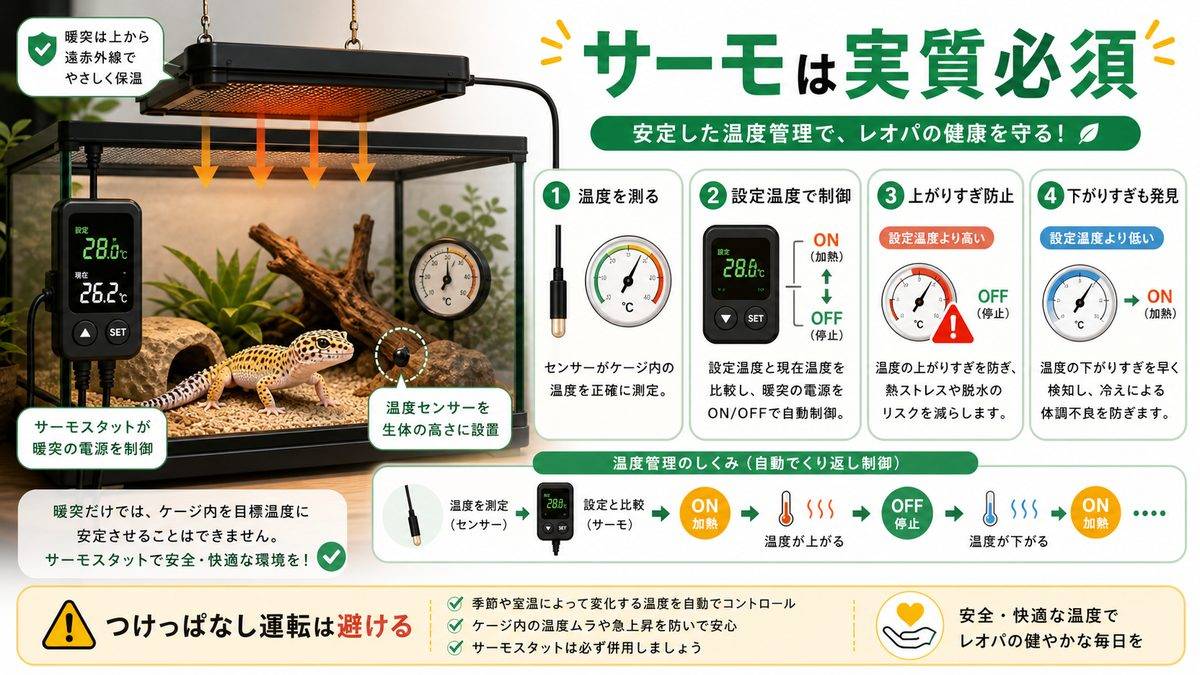 暖突にサーモスタットは必要？結論：実質必須です⚠️の要点をまとめたカメレオン・爬虫類飼育インフォグラフィック