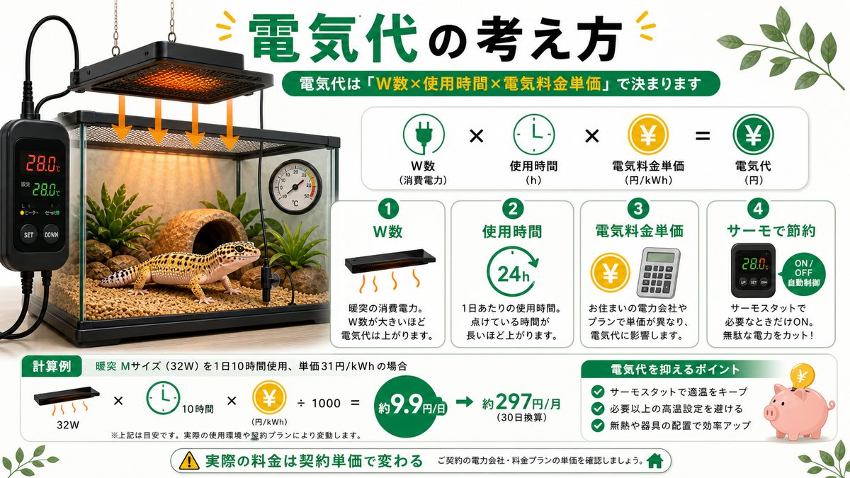 暖突の電気代はいくら？計算式つきでシミュレーション💰の要点をまとめたカメレオン・爬虫類飼育インフォグラフィック
