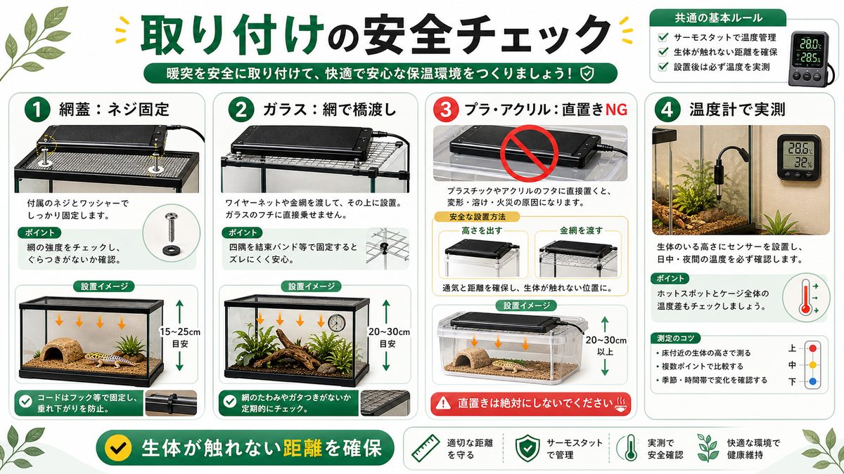 暖突の取り付け方｜網蓋・ガラスケージ・プラケース別🔧の要点をまとめたカメレオン・爬虫類飼育インフォグラフィック