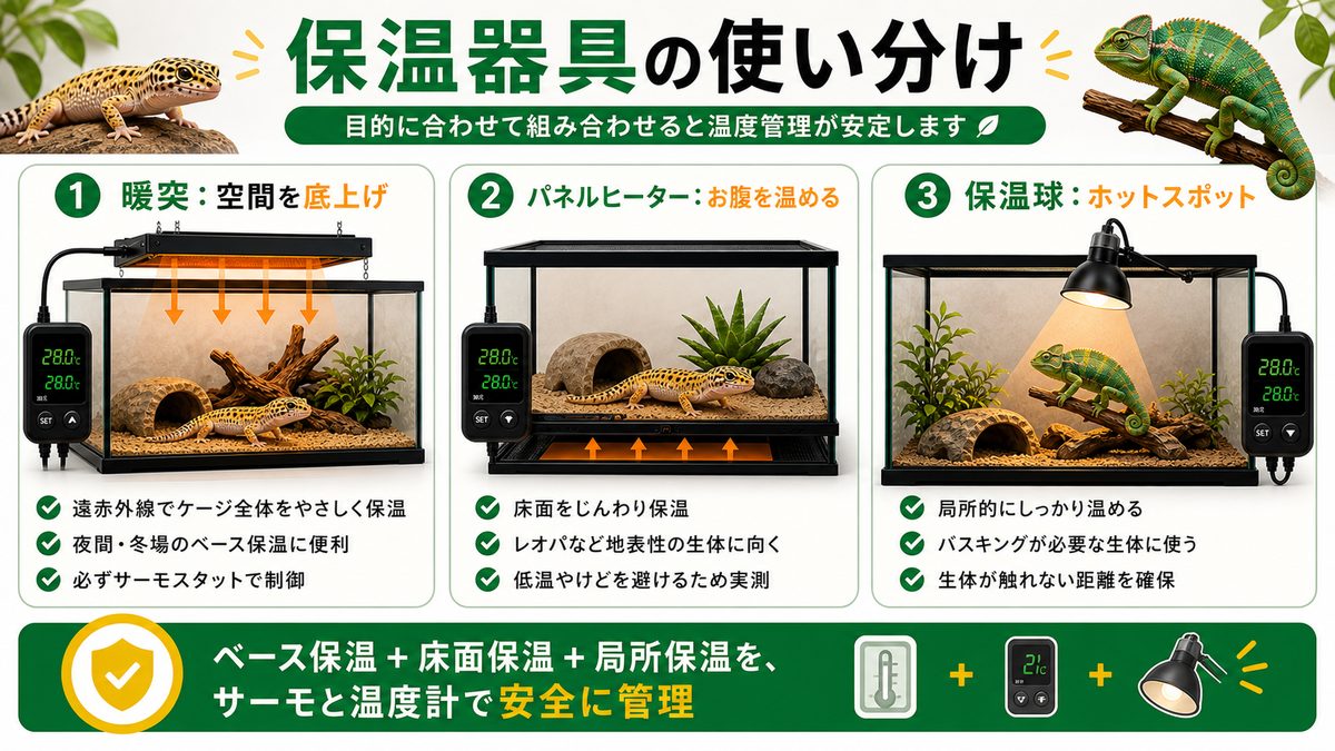 暖突・パネルヒーター・保温球の使い分け🌡️の要点をまとめたカメレオン・爬虫類飼育インフォグラフィック