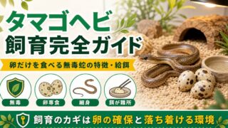 タマゴヘビ（Dasypeltis）飼育完全ガイド｜卵だけを食べる無毒蛇の特徴・給餌・飼育の注意点を徹底解説の要点を伝えるカメレオン・爬虫類記事アイキャッチ画像