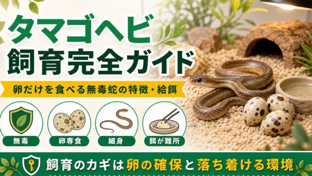 タマゴヘビ（Dasypeltis）飼育完全ガイド｜卵だけを食べる無毒蛇の特徴・給餌・飼育の注意点を徹底解説の要点を伝えるカメレオン・爬虫類記事アイキャッチ画像