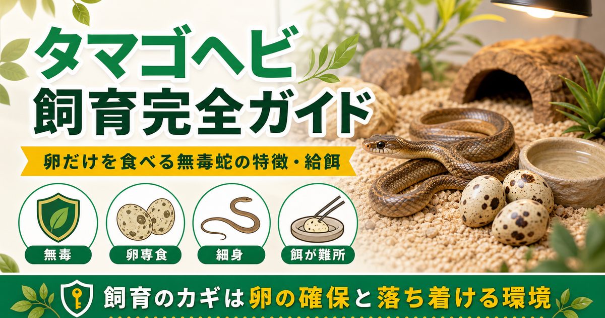 タマゴヘビ（Dasypeltis）飼育完全ガイド｜卵だけを食べる無毒蛇の特徴・給餌・飼育の注意点を徹底解説の要点を伝えるカメレオン・爬虫類記事アイキャッチ画像
