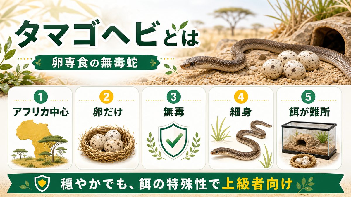 タマゴヘビ(Dasypeltis)とは?卵専食の無毒蛇の要点をまとめたカメレオン・爬虫類飼育インフォグラフィック