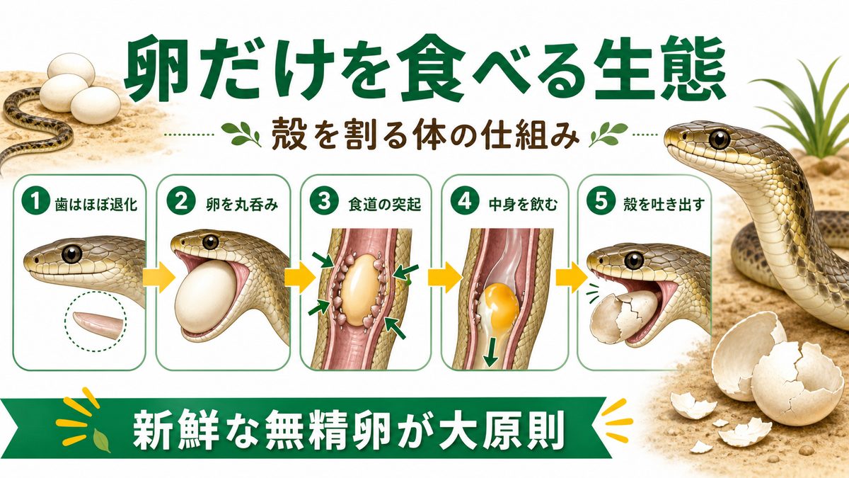 卵だけを食べる驚きの生態|殻を割る体の仕組みの要点をまとめたカメレオン・爬虫類飼育インフォグラフィック