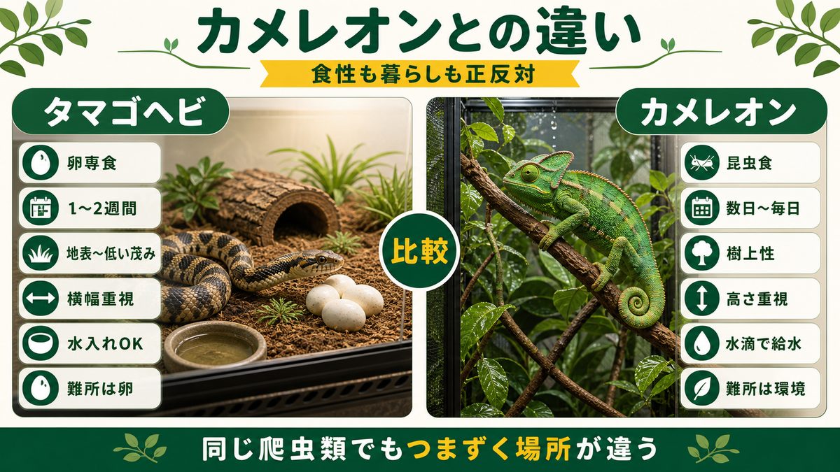 カメレオン(ぺぺ君)との違い|食性も暮らしも正反対の要点をまとめたカメレオン・爬虫類飼育インフォグラフィック