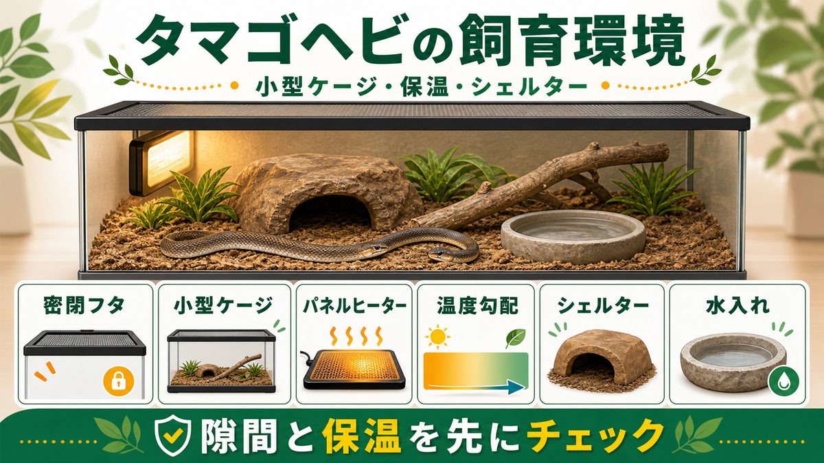 タマゴヘビの飼育環境|小型ケージ・保温・シェルターの要点をまとめたカメレオン・爬虫類飼育インフォグラフィック