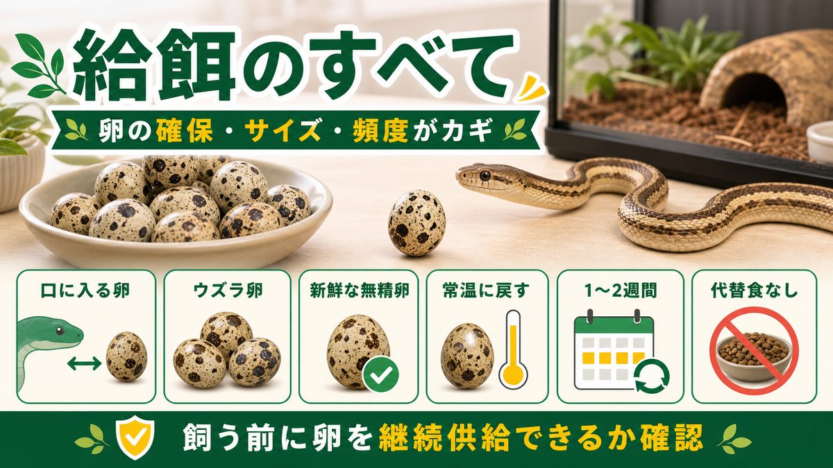 給餌のすべて|卵の確保・サイズ・頻度がカギの要点をまとめたカメレオン・爬虫類飼育インフォグラフィック