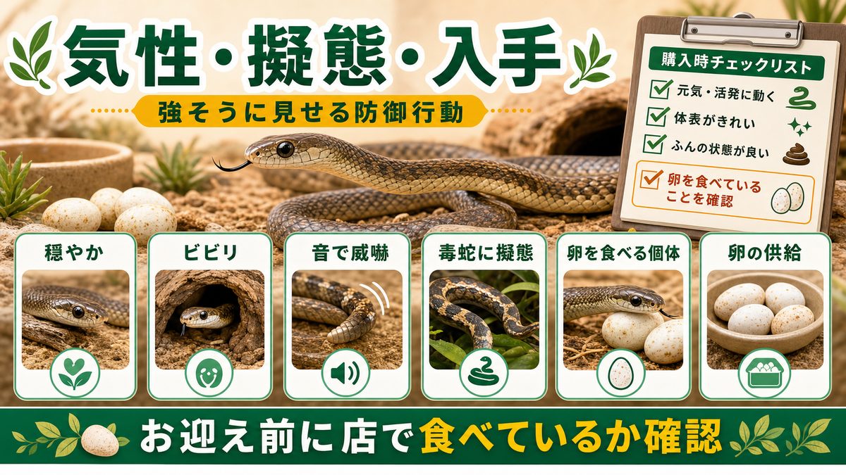 気性・擬態・入手|マムシのフリをする臆病者の要点をまとめたカメレオン・爬虫類飼育インフォグラフィック