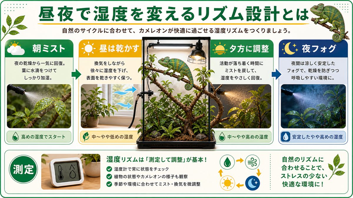 昼夜で湿度を変えるリズム設計とはの要点をまとめたカメレオン・爬虫類飼育インフォグラフィック