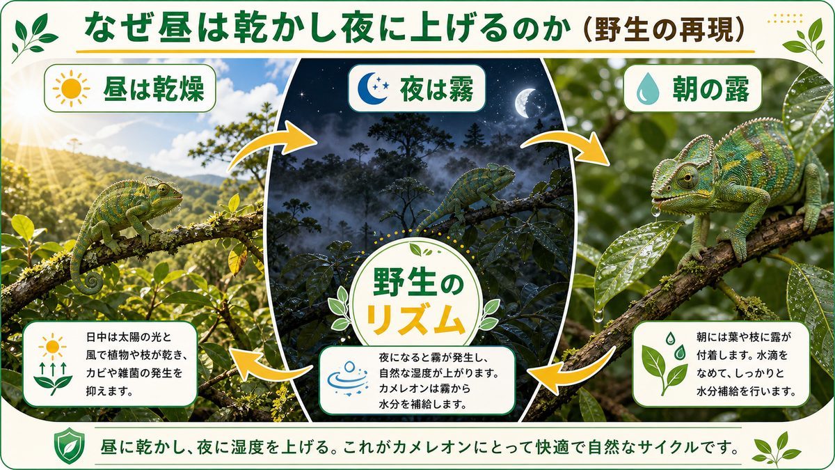 なぜ昼は乾かし夜に上げるのか（野生の再現）の要点をまとめたカメレオン・爬虫類飼育インフォグラフィック