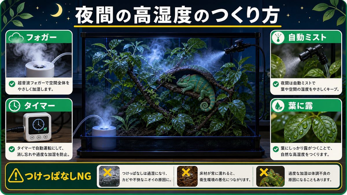 夜間の高湿度のつくり方の要点をまとめたカメレオン・爬虫類飼育インフォグラフィック