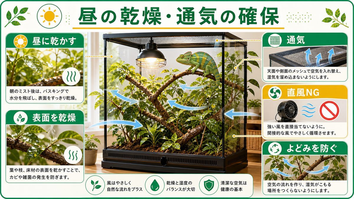 昼の乾燥・通気の確保の要点をまとめたカメレオン・爬虫類飼育インフォグラフィック