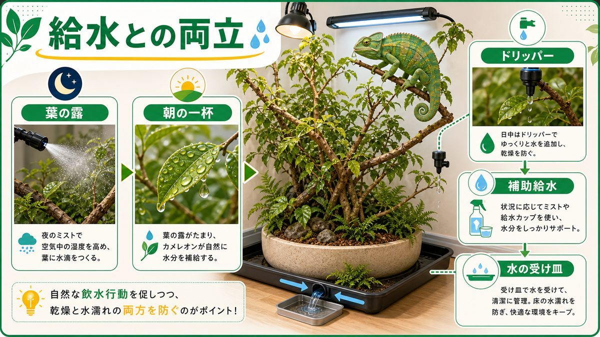 給水との両立の要点をまとめたカメレオン・爬虫類飼育インフォグラフィック