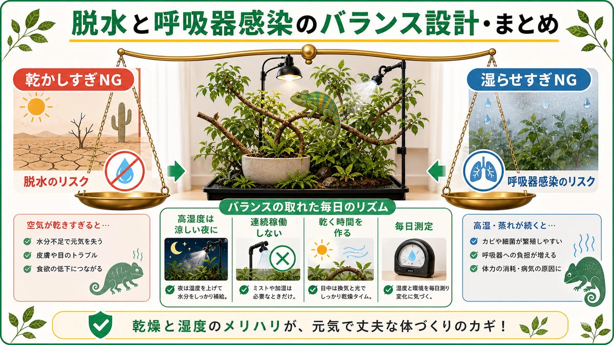 脱水と呼吸器感染のバランス設計・まとめの要点をまとめたカメレオン・爬虫類飼育インフォグラフィック