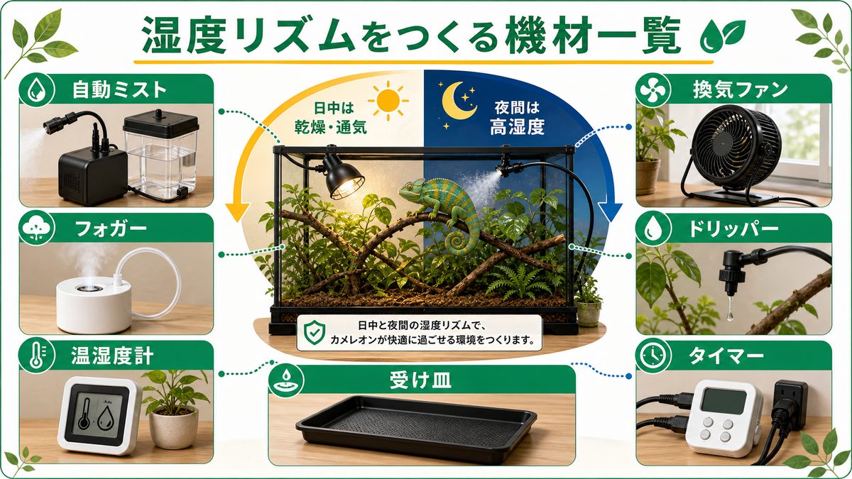 湿度リズム設計に役立つおすすめアイテムの要点をまとめたカメレオン・爬虫類飼育インフォグラフィック
