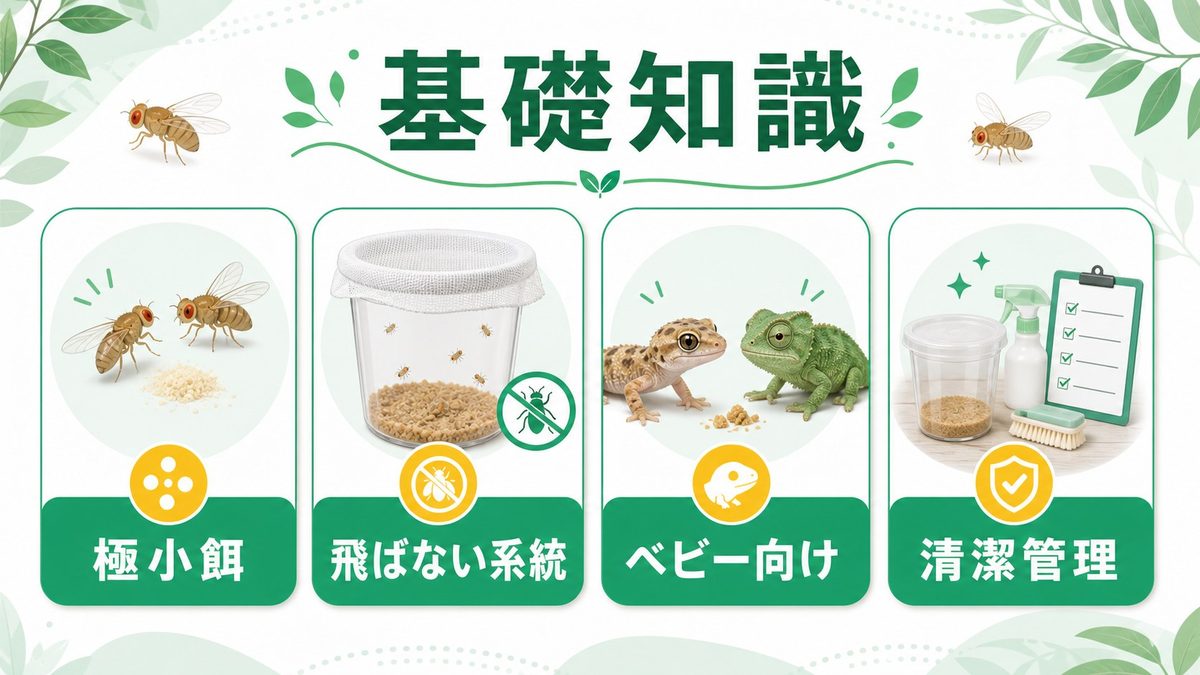 ショウジョウバエとは？フィーダーとして使う基礎知識の要点をまとめたカメレオン・爬虫類飼育インフォグラフィック