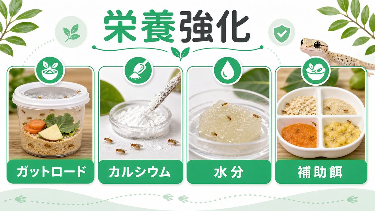 栄養強化と給餌の実践｜ガットローディング・ダスティング・与え方の要点をまとめたカメレオン・爬虫類飼育インフォグラフィック