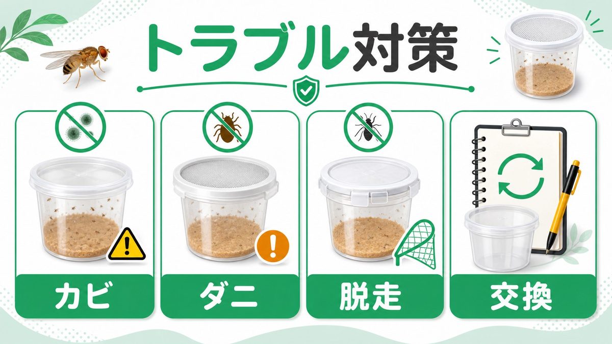 保管・在庫管理・廃棄のコツ｜飛び散り防止も解説の要点をまとめたカメレオン・爬虫類飼育インフォグラフィック