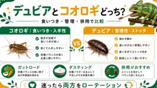 デュビアとコオロギ、カメレオンにはどっち？栄養・管理・食いつきを徹底比較の要点を伝えるカメレオン・爬虫類記事アイキャッチ画像