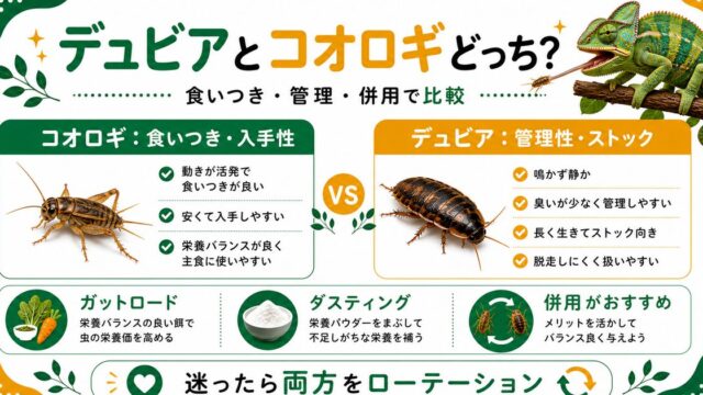 デュビアとコオロギ、カメレオンにはどっち？栄養・管理・食いつきを徹底比較の要点を伝えるカメレオン・爬虫類記事アイキャッチ画像