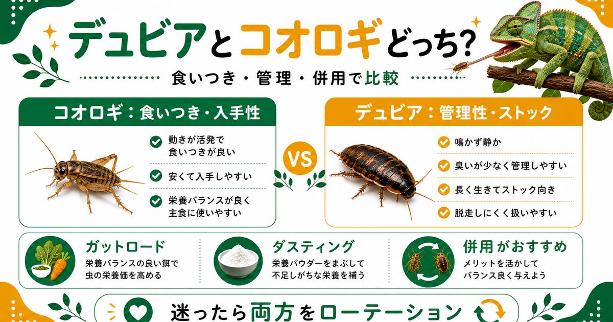 デュビアとコオロギ、カメレオンにはどっち？栄養・管理・食いつきを徹底比較の要点を伝えるカメレオン・爬虫類記事アイキャッチ画像