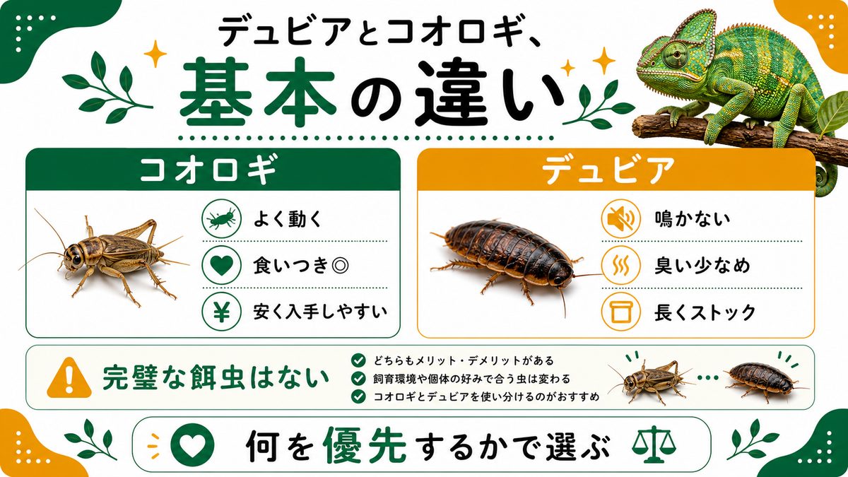デュビアとコオロギ、基本の違いの要点をまとめたカメレオン・爬虫類飼育インフォグラフィック