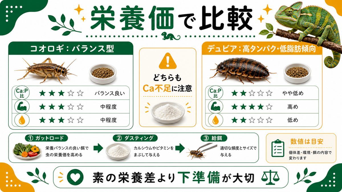 栄養価で比較（Ca:P比・タンパク・脂肪）の要点をまとめたカメレオン・爬虫類飼育インフォグラフィック