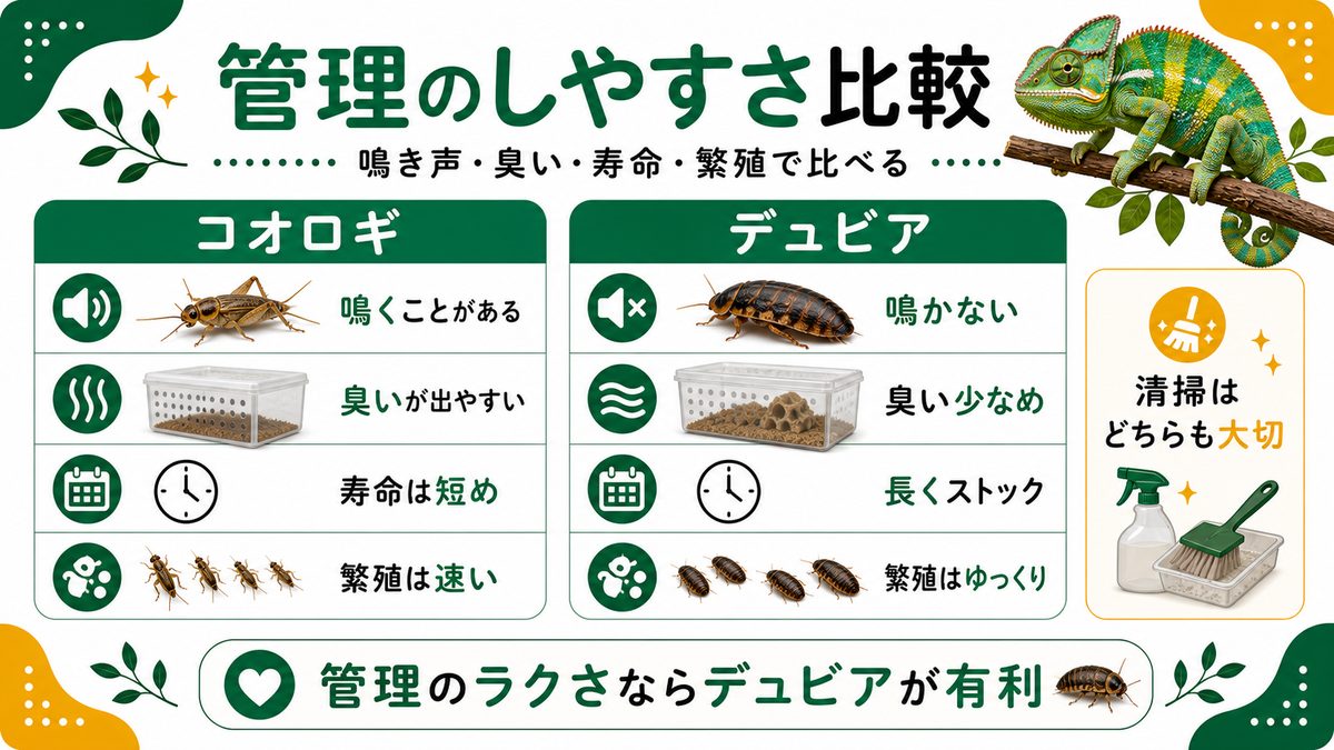 管理のしやすさで比較（鳴き声・臭い・寿命・繁殖）の要点をまとめたカメレオン・爬虫類飼育インフォグラフィック