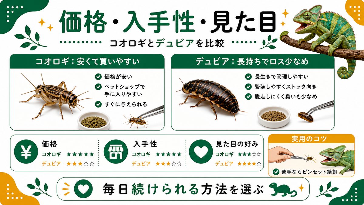 価格・入手性・見た目で比較の要点をまとめたカメレオン・爬虫類飼育インフォグラフィック