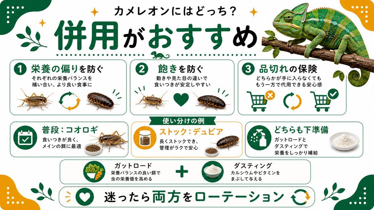 カメレオンにはどっち？併用のすすめの要点をまとめたカメレオン・爬虫類飼育インフォグラフィック
