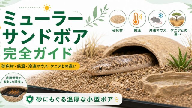 ミューラーサンドボア（Eryx muelleri）飼育完全ガイド｜砂に潜るアフリカの小型ボアの特徴・ケージ・餌・ケニアとの違いを徹底解説の要点を伝えるカメレオン・爬虫類記事アイキャッチ画像